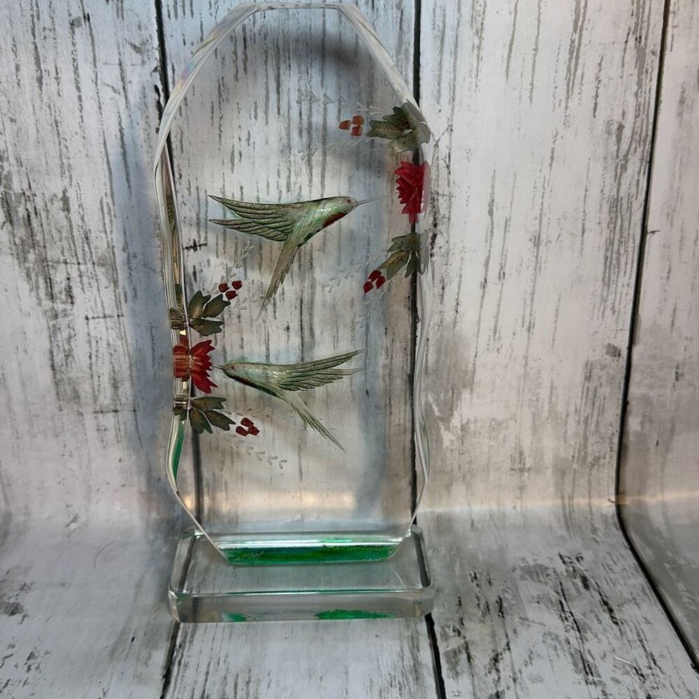 Lucite Hummingbirds w/Flowers Acrylic Carved Sculpture Signed